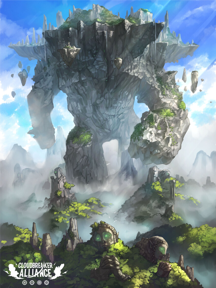 absurdres blue_sky cloudbreaker_alliance copyright_name faceless fantasy floating_island floating_rock giant giant_monster highres light_rays monster mountain mountainous_horizon no_humans official_art outdoors own_hands_clasped own_hands_together sky statue sunlight tagme yumo80295386