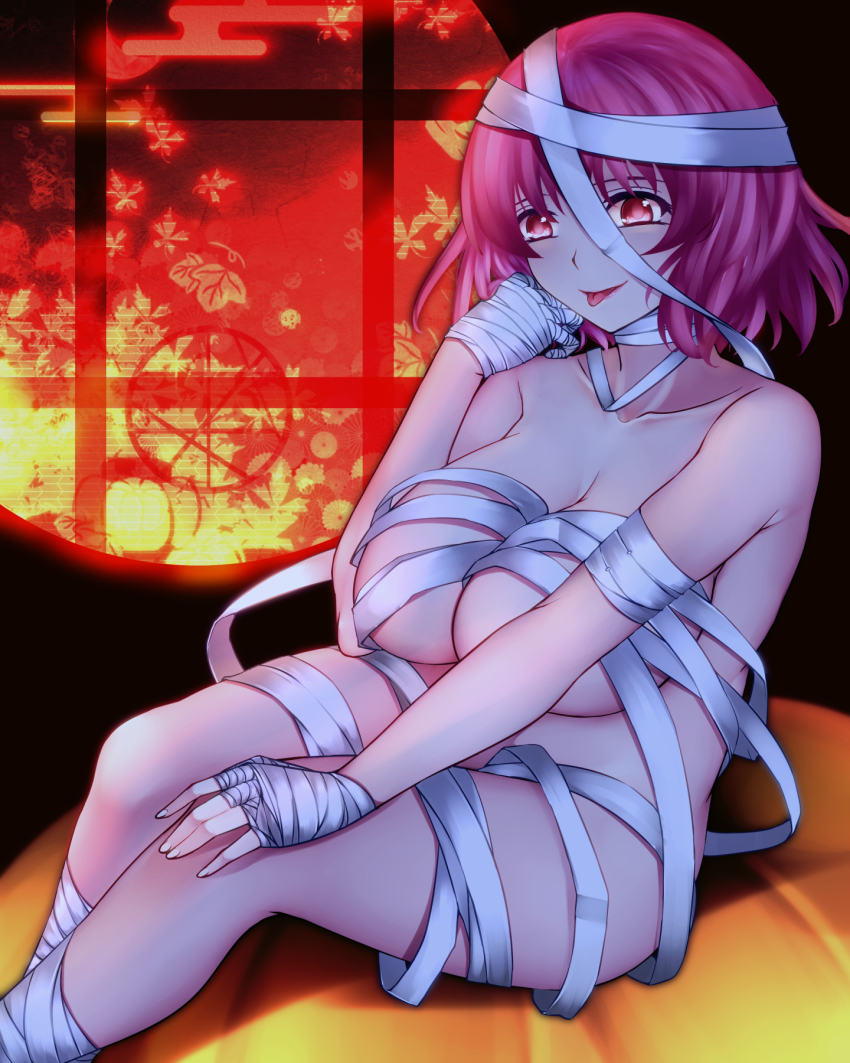 1girl aoshima bandaged_arm bandaged_chest bandaged_hand bandaged_head bandaged_leg bandaged_neck bandages breasts curvy highres large_breasts pink_hair plump saigyouji_yuyuko short_hair solo touhou wavy_hair