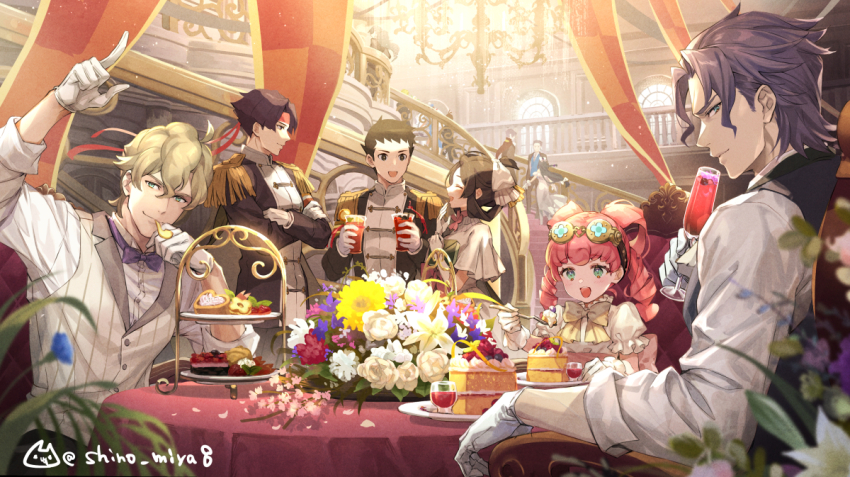 2girls 4boys :d ace_attorney arm_rest arm_up barok_van_zieks black_hair black_jacket blonde_hair blue_eyes bow bowtie chandelier child cup dress drill_hair epaulettes flower fork frilled_sleeves frills gloves goggles goggles_on_head green_eyes guard_rail herlock_sholmes holding holding_cup holding_fork iris_wilson jacket kazuma_asogi laughing looking_at_another looking_at_viewer multiple_boys multiple_girls on_chair open_mouth pink_hair pointing purple_bow purple_bowtie purple_hair round_table ryunosuke_naruhodo shinobiya_fsaka shirt sitting smile stairs susato_mikotoba table tablecloth the_great_ace_attorney vest white_gloves white_shirt white_vest yellow_bow yellow_bowtie