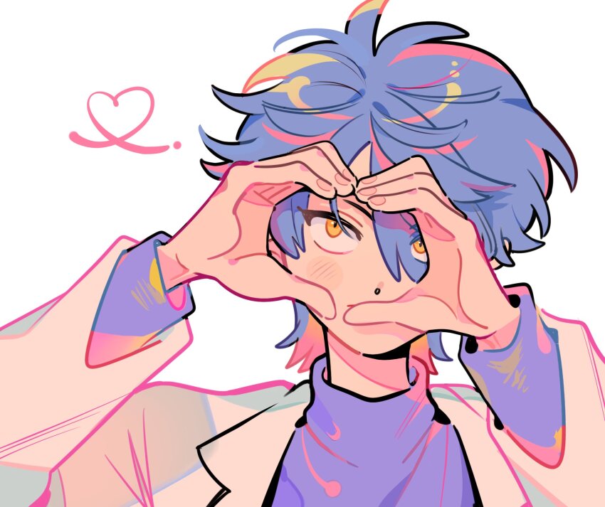 1boy arms_up blue_hair colored_lineart dolman_(dm) eyes_visible_through_hair hair_over_one_eye heart heart_hands highres honeyworks jacket lapels layered_sleeves male_focus open_clothes open_jacket parted_hair portrait purple_sweater short_hair simple_background solo sweater turtleneck unkempt white_background white_jacket yellow_eyes
