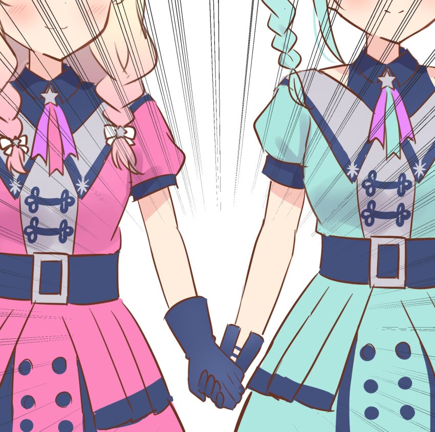 2girls aqua_hair aqua_jacket aqua_skirt blonde_hair blue_gloves blue_shirt blush bow braid braided_twintails breasts closed_mouth collared_shirt commentary_request cowboy_shot emori_aya emphasis_lines gloves gradient_hair hair_bow hanazora_satsuki head_out_of_frame highres holding_hands jacket liella!_6th_lovelive!_tour_~let&#039;s_be_one~ lone_nape_hair long_hair love_live! love_live!_superstar!! low_twin_braids medium_breasts medium_hair multicolored_hair multiple_girls official_alternate_costume onitsuka_natsumi onitsuka_tomari pink_hair pink_jacket pink_skirt puffy_short_sleeves puffy_sleeves sakakura_sakura shirt short_sleeves siblings sidelocks simple_background sisters skirt sleeveless sleeveless_shirt smile split_mouth superstar!!_(love_live!) twin_braids voice_actor_connection white_background white_bow
