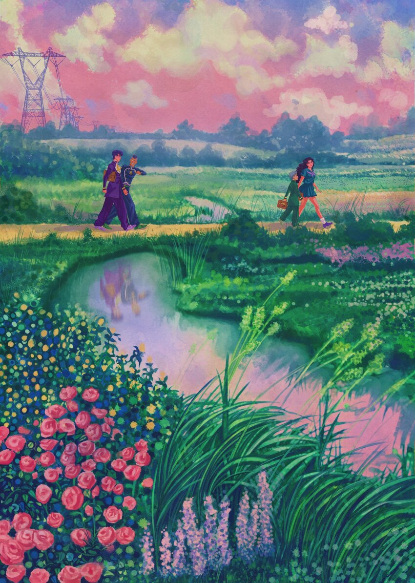 1girl 3boys absurdres bag belt blue_eyes blue_jacket blue_pants blue_shirt blue_skirt blue_sky bridge brown_bag bush carrying carrying_under_arm character_request check_character cloud cloudy_sky commentary diamond_wa_kudakenai dollar_sign english_commentary fatima_wajid field floating_hair flower flower_field from_side gakuran gold_buttons gold_wrist_cuffs gradient_sky grass green_belt green_pants green_shirt green_shoes grey_hair grin higashikata_josuke high_collar highres hill hirose_koichi holding holding_bag jacket jojo_no_kimyou_na_bouken long_hair long_sleeves looking_at_another looking_to_the_side messy_hair mohawk multiple_boys neckerchief nijimura_okuyasu outdoors pants pink_flower pink_sky pleated_skirt pompadour purple_hair purple_jacket purple_neckerchief purple_pants purple_shoes red_flower red_lips red_rose reflection reflective_water river rose school_uniform shirt shoes short_hair short_sleeves skirt sky smile socks tall_grass transmission_tower tree walking walkway white_flower white_shirt white_socks yamagishi_yukako yellow_flower yellow_neckerchief