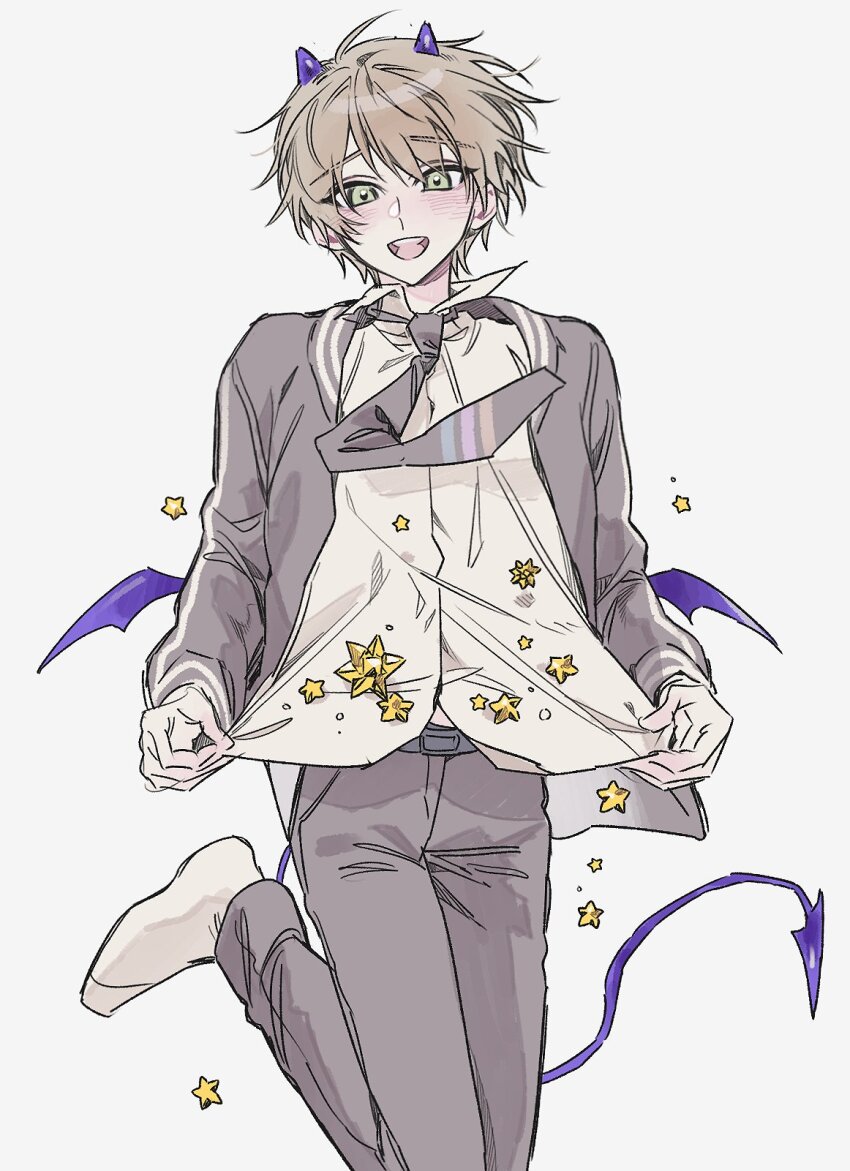 1boy :d belt black_belt blush brown_hair clothes_lift collared_shirt commentary cone_horns demon_boy demon_horns demon_tail demon_wings dress_shirt floating_neckwear green_eyes grey_background grey_jacket grey_necktie grey_pants highres horns hoshirube_sho jacket jumping lifting_own_clothes long_sleeves looking_at_viewer male_focus mini_wings mummeo_p necktie nijisanji no_shoes open_clothes open_jacket open_mouth pants purple_horns purple_tail purple_wings school_uniform shirt shirt_basket shirt_lift short_hair simple_background small_horns smile socks solo star_(symbol) stellated_octahedron symbol-only_commentary tail very_short_hair virtual_talent_academy virtual_talent_academy_school_uniform virtual_youtuber white_shirt white_socks wings