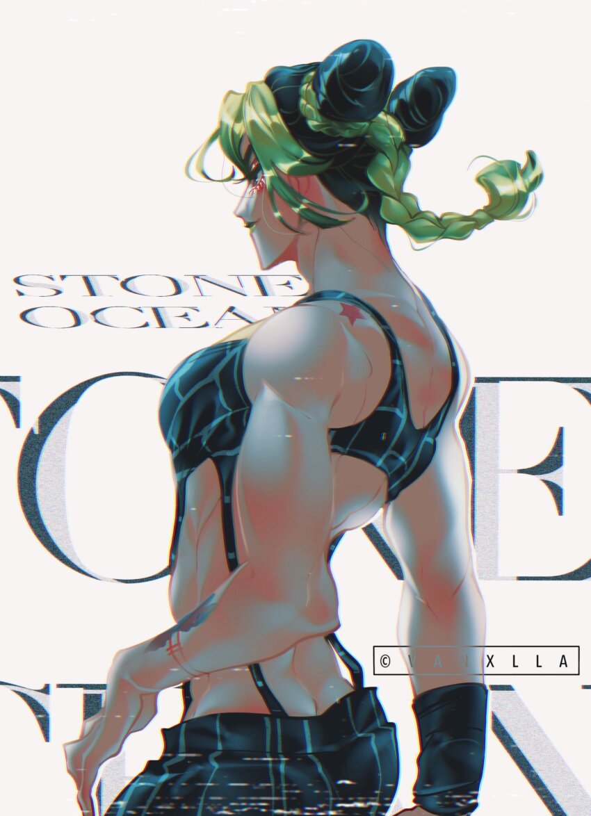 1girl back braid braided_ponytail closed_mouth commentary copyright_name crop_top double_bun green_hair green_lips hair_bun highres jojo_no_kimyou_na_bouken kuujou_jolyne multicolored_hair sidelocks simple_background solo star_(symbol) stone_ocean twitter_username two-tone_hair vanxllavina