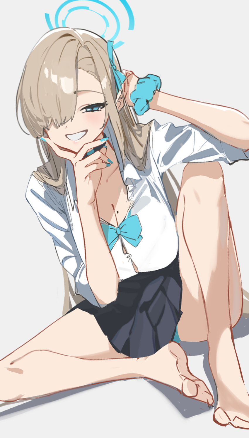 1girl absurdres aqua_bow aqua_bowtie aqua_nails aqua_ribbon asuna_(blue_archive) asuna_(school_uniform)_(blue_archive) barefoot black_skirt blue_archive blue_eyes blush bow bowtie breasts brown_hair cleavage collared_shirt commentary grin hair_over_one_eye hair_ribbon halo highres large_breasts long_hair looking_at_viewer mole mole_on_breast nail_polish reulem ribbon scrunchie shirt simple_background sitting sketch skirt smile solo very_long_hair white_shirt wrist_scrunchie
