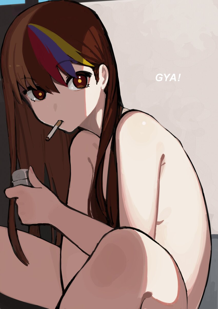 1girl absurdres blonde_hair blue_hair breasts brown_eyes brown_hair cigarette galaco galaco_(neo) highres holding holding_lighter kagari-lunatic lighter long_hair looking_at_viewer multicolored_hair nude red_hair sitting small_breasts smoking solo streaked_hair vocaloid zippo_lighter