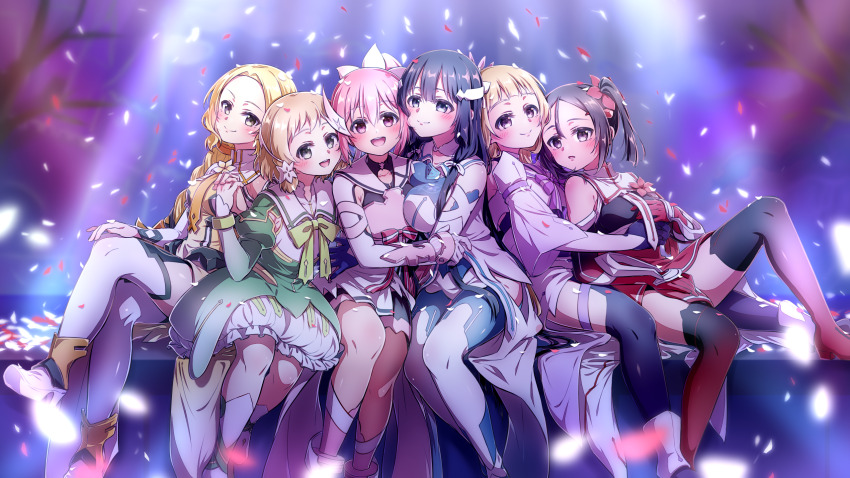 6+girls :d armor black_boots black_hair blue_thighhighs boots bow bowtie braid breast_press breastplate breasts brown_eyes brown_hair closed_mouth collarbone detached_sleeves dress eda_udon gloves gradient_boots gradient_sleeves green_bow green_bowtie green_dress green_eyes hair_between_eyes hand_on_own_knee highres hip_vent holding_hands hug interlocked_fingers inubouzaki_fuu inubouzaki_itsuki large_breasts long_hair long_sleeves miyoshi_karin multiple_girls nogi_sonoko open_mouth pink_hair red_boots red_eyes red_gloves sailor_collar sidelocks single_braid sitting skirt skirt_under_dress smile thigh_boots thighhighs tougou_mimori twintails very_long_hair white_gloves white_sailor_collar white_skirt yuuki_yuuna yuuki_yuuna_wa_yuusha_de_aru yuusha_de_aru