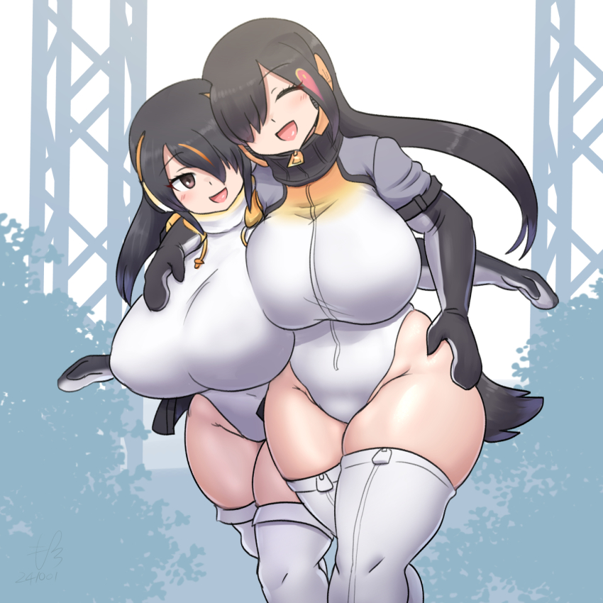 2girls bird_girl bird_tail black_hair blush breasts brown_eyes elbow_gloves emperor_penguin_(kemono_friends) gloves hair_over_one_eye highleg highleg_leotard highres hood hoodie huge_breasts jacket kemono_friends kemono_friends_3 king_penguin_(kemono_friends) leotard long_hair mo23 multicolored_hair multiple_girls one-piece_swimsuit open_mouth orange_hair penguin_girl penguin_tail print_hood short_hair smile streaked_hair tail thighhighs turtleneck turtleneck_one-piece_swimsuit white_leotard white_thighhighs zipper zipper_legwear zipper_pull_tab