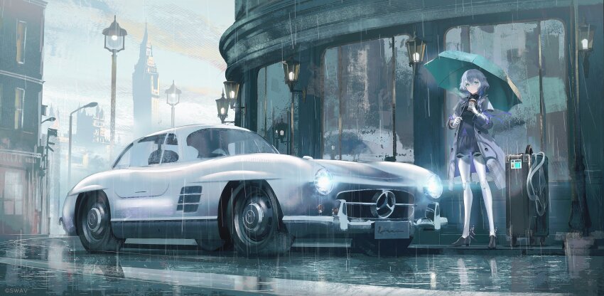 1girl absurdres android aqua_umbrella artist_name black_shirt black_skirt blue_eyes car coat copyright_notice cup disposable_coffee_cup disposable_cup grey_coat hand_up highres holding holding_cup holding_umbrella lamppost long_sleeves looking_at_viewer mercedes-benz mercedes-benz_300sl miniskirt motor_vehicle object_request open_clothes open_coat original outdoors pleated_skirt rain rolling_suitcase shirt short_hair skirt solo standing suitcase swav umbrella white_car white_hair