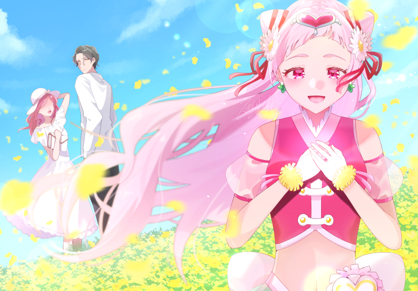 1boy 1girl bag black_pants blush closed_mouth cloud commentary_request cone_hair_bun crop_top cure_yell detached_sleeves double_bun dress earrings enishidayuu field flower flower_field george_kurai grey_hair hair_bun hair_flower hair_ornament hair_ribbon hat heart heart_hair_ornament highres holding holding_bag hugtto!_precure jacket jewelry long_sleeves magical_girl medium_hair midriff navel nono_hana open_mouth pants pink_eyes pink_hair pink_shirt precure puffy_detached_sleeves puffy_sleeves red_ribbon ribbon see-through_clothes see-through_sleeves shirt short_hair signature sky smile white_bag white_dress white_hat white_jacket wrist_cuffs yellow_eyes