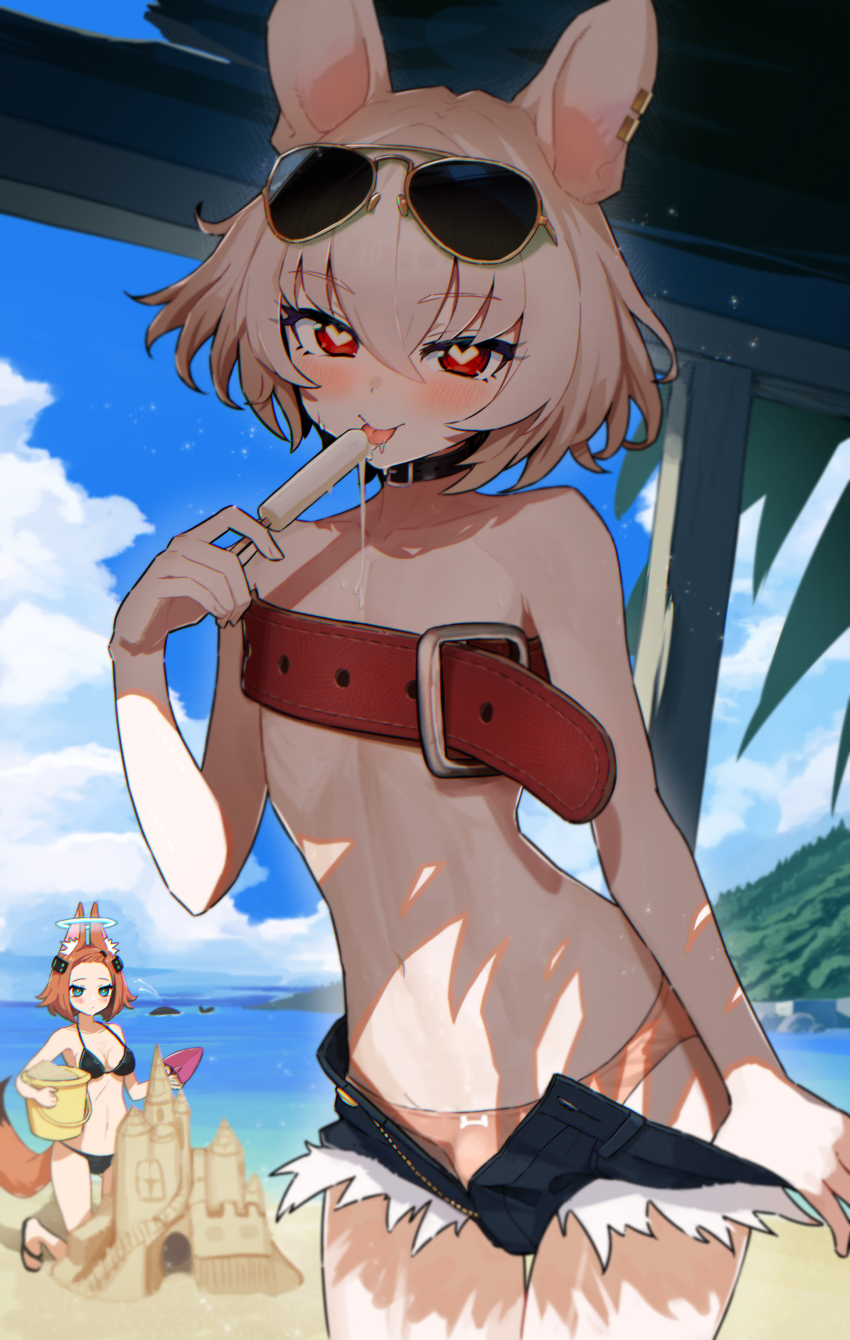 1boy 1girl absurdres animal_ears beach belt belt_buckle bikini blush breasts bucket buckle cloud collar day earrings eyewear_on_head food gluteal_fold hair_between_eyes halo heart heart-shaped_pupils highres holding holding_bucket holding_food holding_ice_cream ice_cream jewelry looking_at_viewer medium_breasts navel nora_(agentpuppyone) open_fly original outdoors popsicle red_eyes saliva sand sand_castle sand_sculpture sandals short_hair short_shorts shorts sunglasses swimsuit symbol-shaped_pupils tail tongue tongue_out trap trowel whale