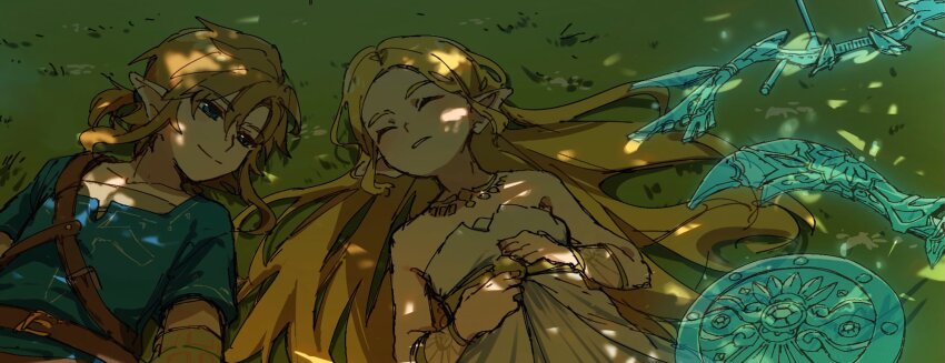 1boy 1girl bare_shoulders belt blonde_hair blue_eyes blue_tunic bow_(weapon) brown_belt champion&#039;s_tunic_(zelda) closed_eyes closed_mouth commentary_request dappled_sunlight dress highres imo_yaco jewelry layered_sleeves link long_hair long_sleeves lying necklace nintendo on_back on_grass parted_lips pointy_ears ponytail princess_zelda scimitar shield short_hair short_over_long_sleeves short_ponytail short_sleeves shoulder_belt smile strapless strapless_dress sunlight sword the_legend_of_zelda the_legend_of_zelda:_breath_of_the_wild tunic weapon white_dress
