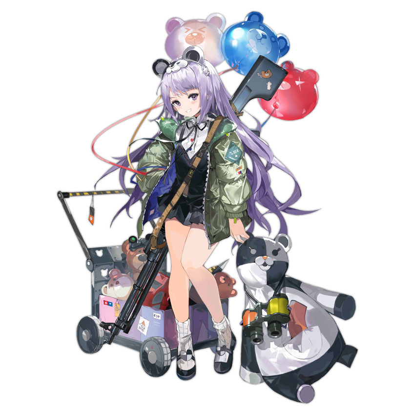 &gt;_&lt; 1girl aged_down alchemaniac animal_balloon animal_ear_headwear animal_ears balloon binoculars black_dress black_ribbon black_shoes dress fake_animal_ears full_body girls&#039;_frontline green_jacket grin gun gun_on_back hairband hand_in_pocket highres jacket light_blush light_machine_gun long_hair long_sleeves looking_at_viewer machine_gun mary_janes neck_ribbon o_o official_alternate_costume official_art purple_eyes purple_hair ribbed_socks ribbon rpk rpk-203 rpk-203_(girls&#039;_frontline) rpk-203_(little_volunteer)_(girls&#039;_frontline) shirt shoes simple_background smile socks solo standing sticker stuffed_animal stuffed_panda stuffed_toy teddy_bear toy_wagon transparent_background two-tone_hairband very_long_hair weapon weapon_on_back white_shirt white_socks