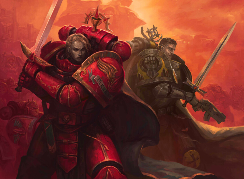 absurdres adeptus_astartes armor armored_boots battle blonde_hair blood_angels boots breastplate brown_hair commentary couter crotch_plate cuirass dagger damaged english_commentary english_text fighting_stance gauntlets greaves grey_armor heavy_bolter helm helmet highres holding holding_sword holding_weapon imperial_fists kheljay knife leg_armor male_focus medium_hair multiple_boys no_headwear outdoors pauldrons pelvic_curtain poleyn power_armor red_armor rerebrace short_hair shoulder_armor sword titan_(warhammer_40k) warhammer_40k weapon
