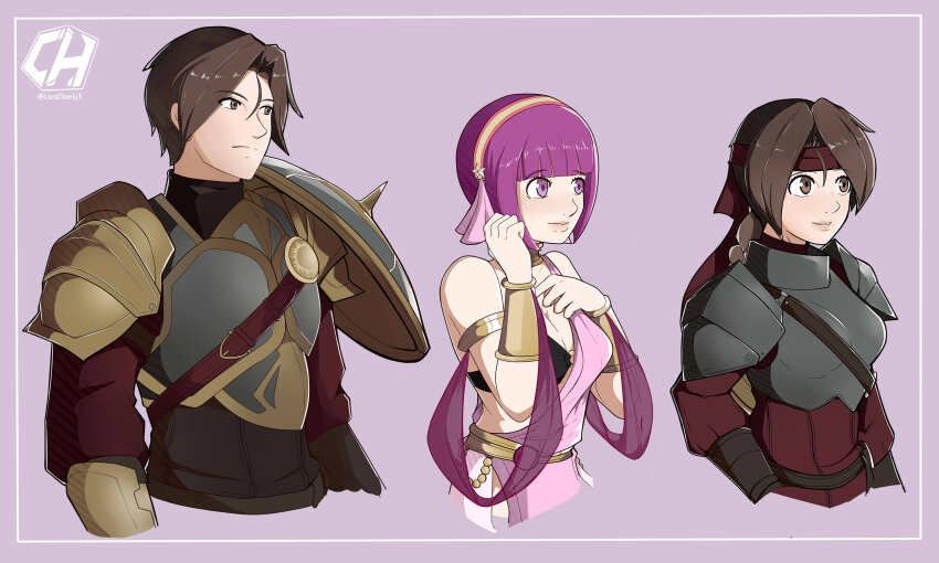 1boy 2girls absurdres armor asamiya_athena breasts charlyarts fire_emblem fire_emblem:_three_houses hairband highres kusanagi_kyou large_breasts multiple_girls nintendo pale_skin psycho_soldier purple_hair ryuuko_no_ken short_hair snk star_(symbol) the_king_of_fighters yuri_sakazaki