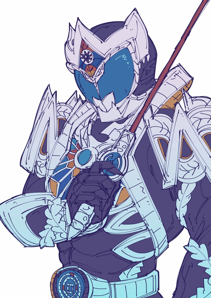 1boy absurdres belt bodysuit clenched_hand commentary rider_belt fighting_stance full_body gauntlets goggles highres holding holding_weapon kamen_rider kamen_rider_kiva_(series) kamen_rider_saga looking_at_viewer male_focus mori_(enignuma797) outside_border rider_belt solo stained_glass sword symbol-only_commentary upper_body vampire weapon white_background