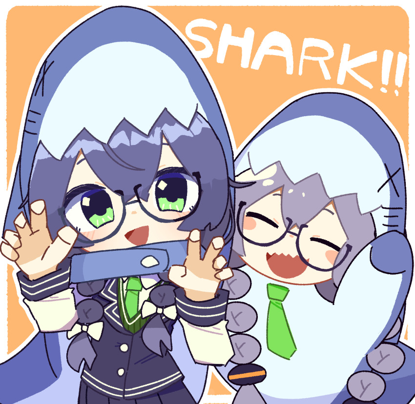 2girls :d animal_costume black_jacket black_skirt blue_hair blush blush_stickers border bow braid cevio chibi chibi_only claw_pose closed_eyes collared_shirt commentary_request glasses green_eyes green_necktie grey_hair hair_bow hanakuma_chifuyu hands_up highres jacket kizuna_akari konohoshi long_hair long_sleeves looking_at_viewer multiple_girls necktie open_mouth orange_background outline outside_border pleated_skirt shark_costume shirt simple_background skirt smile synthesizer_v twin_braids vocaloid voiceroid white_border white_bow white_outline