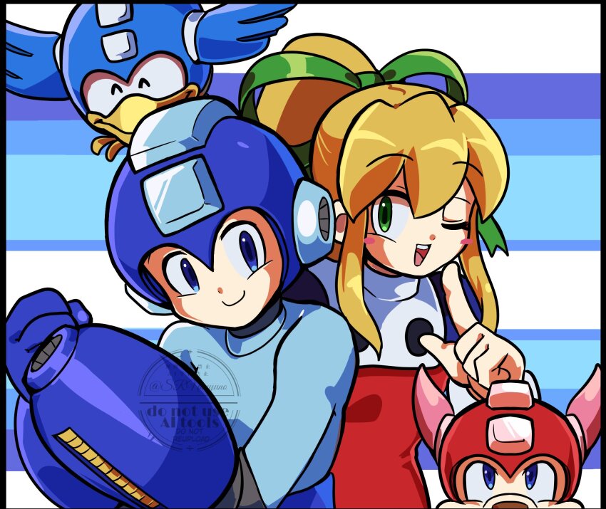 1boy 1girl arm_cannon beak beat_(mega_man) blonde_hair blue_background blue_bodysuit blue_eyes blue_helmet bodysuit brother_and_sister clenched_hand green_eyes group_picture helmet high_ponytail highres long_hair mega_man_(character) mega_man_(classic) mega_man_(series) non-humanoid_robot one_eye_closed ponytail robot robot_animal robot_bird robot_dog roll_(mega_man) rush_(mega_man) siblings simple_background srnhuyuno talons upper_body weapon white_background