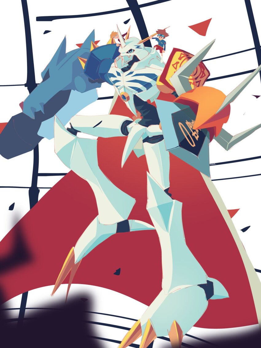 3boys arm_blade arm_cannon diablomon digimoji digimon digimon_(creature) digimon_adventure digimon_adventure:_bokura_no_war_game energy_sword highres ishida_yamato mecha multiple_boys multiple_heads notaventura omegamon on_shoulder robot solo_focus sword weapon yagami_taichi