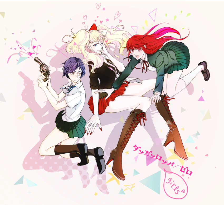 3girls alternate_form black_hair blonde_hair blue_eyes blue_ribbon boots bow knee_boots kneehighs danganronpa danganronpa/zero danganronpa_(series) enoshima_junko eyebrows falling fighting_stance freckles green_jacket green_skirt gun hair_bow hair_ornament handgun high_heel_boots high_heels highres ikusaba_mukuro jacket kneeling knees looking_at_another looking_at_viewer looking_to_the_side multiple_girls neck_ribbon necktie otonashi_ryouko pistol polka_dot polka_dot_tie rabbit_hair_ornament red_eyes red_hair red_skirt revolver ribbon school_uniform shirt siblings simple_background sisters sitting_on_air skirt slip-on_shoes squatting thighs twins twintails weapon white_shirt yellow_eyes