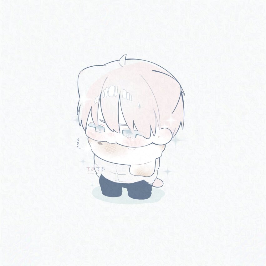 1boy ahoge animal_ears artist_name blush cat_boy cat_ears child ear_blush eyelashes full_body hair_between_eyes hand_in_pocket highres jacket long_sleeves male_focus monochrome nose_blush original pants scarf simple_background solo sparkle standing sulking tail thk_41