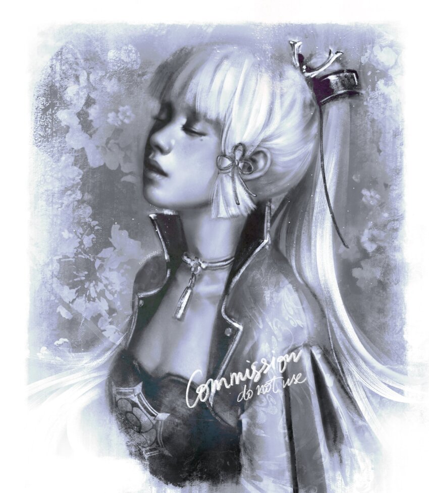 1girl armor ayaka_(genshin_impact) blunt_bangs blunt_sidelocks border breastplate breasts cleavage closed_eyes collarbone collared_shirt commentary commission english_text genshin_impact grey_background hair_ornament highres jewelry long_hair medium_breasts mole mole_under_eye monochrome necklace nikolas_(nikolardon) parted_lips ponytail realistic shirt sidelocks solo upper_body white_border