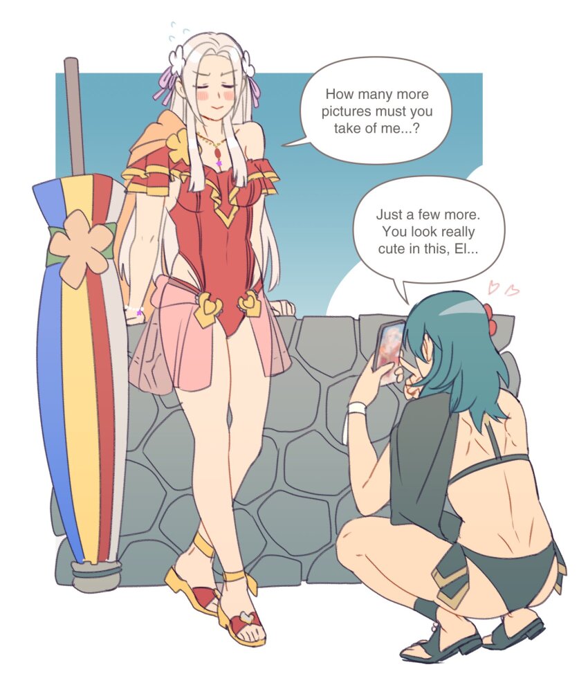2girls anachronism ass bikini black_bikini black_cape blue_hair cape casual_one-piece_swimsuit edelgard_von_hresvelg edelgard_von_hresvelg_(summer) english_text female_byleth_(fire_emblem) female_byleth_(summer)_(fire_emblem) fire_emblem fire_emblem:_three_houses fire_emblem_heroes flower frilled_one-piece_swimsuit frills hair_flower hair_ornament hibiscus high_heel_sandals highres long_hair multiple_girls nintendo off-shoulder_one-piece_swimsuit off_shoulder official_alternate_costume one-piece_swimsuit orange_flower radiostarkiller red_flower red_one-piece_swimsuit sandals speech_bubble swimsuit umbrella umbrella_flower yuri