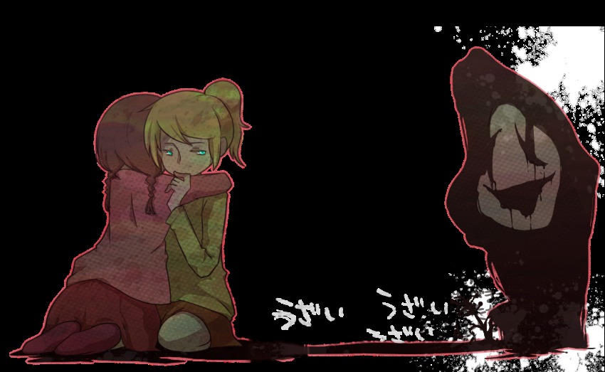 2girls 6274 bad_id bad_pixiv_id blonde_hair blouse blue_eyes braid brown_hair commentary_request darkness flower hand_on_own_chin hug madotsuki multiple_girls pink_shirt poniko ponytail shadow shirt skirt stroking_own_chin translation_request transparent_background turtleneck twin_braids uboa yume_nikki