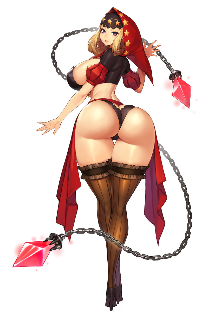 1girl ass ass_focus blonde_hair blush breasts butt_crack chain come_hither from_behind gurimjang high_heels highres hood huge_ass large_breasts long_hair looking_at_viewer looking_back naughty_face odin_sphere panties purple_eyes sideboob smile solo thick_thighs thighhighs thighs underwear velvet_(odin_sphere)
