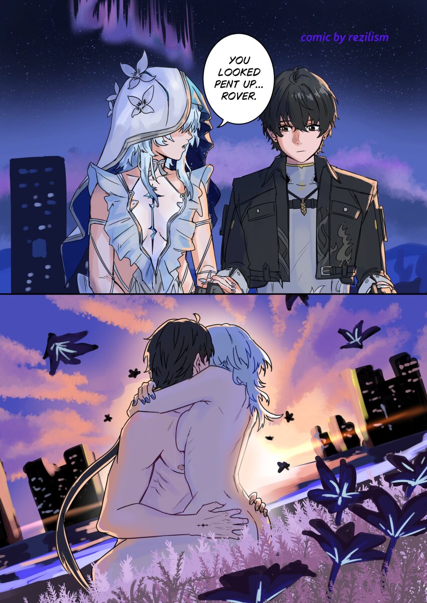 1boy 1girl absurdres armlet artist_name ass black_flower black_hair black_jacket blake_bloom_(wuthering_waves) blue_hair blue_nails blue_veil breast_press breasts commentary completely_nude dress english_commentary english_text flower grey_shirt hetero highres hug jacket jewelry long_hair male_rover_(wuthering_waves) medium_breasts nail_polish nude outdoors rezilism rover_(wuthering_waves) sex shirt shorekeeper_(wuthering_waves) sleeveless sleeveless_dress straddling sunrise tacet_mark_(wuthering_waves) torso_grab two-tone_veil upright_straddle veil white_veil wuthering_waves