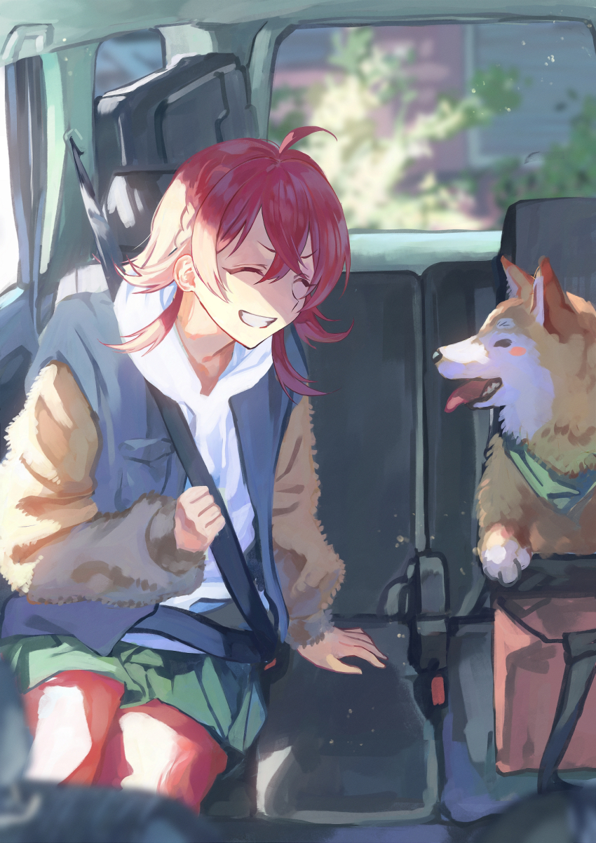 1girl ahoge car_interior closed_eyes dog fur_sleeves green_skirt grin highres hood hoodie idolmaster idolmaster_shiny_colors jacket komiya_kaho mamemaru_(shiny_colors) medium_hair miniskirt open_clothes open_jacket otsudou pants pants_under_skirt red_hair red_pants seatbelt sitting skirt smile solo white_hoodie