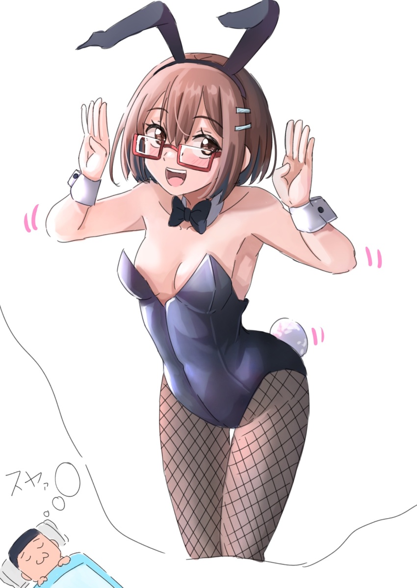 1boy 1girl :3 animal_ear_hairband animal_ears black_bow black_bowtie black_leotard black_pantyhose bow bowtie breasts brown_eyes brown_hair detached_collar dreaming fake_animal_ears fake_tail fishnet_pantyhose fishnets hair_ornament hairband hairclip hakuino_hakase highres leotard looking_at_viewer open_mouth original pantyhose playboy_bunny rabbit_ear_hairband rabbit_ears rabbit_tail rectangular_eyewear semi-rimless_eyewear short_hair sleeping strapless strapless_leotard tail teeth under-rim_eyewear upper_teeth_only wrist_cuffs