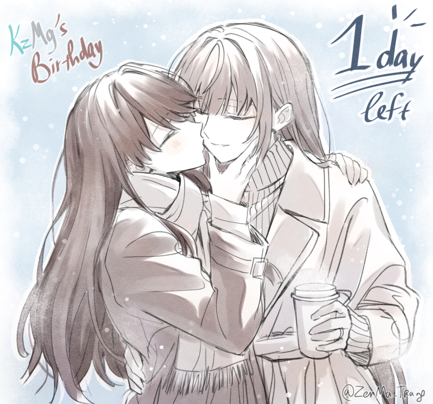 2girls blue_background blush closed_eyes coat commentary countdown cup disposable_coffee_cup disposable_cup english_text fujishima_megumi fujishima_megumi_(winter_casual) greyscale_with_colored_background hair_down hand_on_another&#039;s_back hand_on_another&#039;s_face highres holding holding_cup kiss kissing_cheek link!_like!_love_live! long_hair long_sleeves love_live! multiple_girls official_alternate_hairstyle otomune_kozue otomune_kozue_(winter_casual) parted_lips puckered_lips scarf sidelocks split_mouth sweater turtleneck turtleneck_sweater twitter_username upper_body virtual_youtuber winter_clothes winter_coat yuri zenma_trang