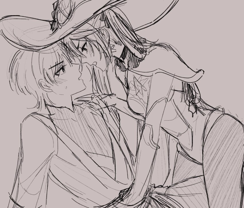 1boy 1girl aitsuwu arm_support blush bodysuit choker couple detached_sleeves doodles earrings face-to-face genshin_impact girl_on_top hand_on_another&#039;s_shoulder hat hatching_(texture) hetero highleg highleg_leotard highres japanese_clothes jewelry kimono layered_clothes layered_kimono leotard linear_hatching long_hair looking_at_another mandarin_collar mona_(genshin_impact) monochrome open_clothes open_kimono open_mouth pantyhose parted_bangs scaramouche_(genshin_impact) short_sleeves star_(symbol) star_earrings straddling sweatdrop thigh_straddling twintails v-shaped_eyebrows wanderer_(genshin_impact) witch_hat