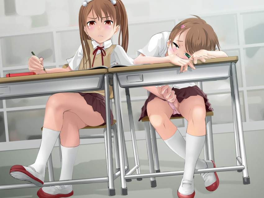 1boy 1girl androgynous bad_id bad_pixiv_id blush brother_and_sister brown_eyes brown_hair classroom clothing_aside collared_shirt commentary crossdressing crossed_legs desk erection femdom green_eyes hair_ornament hairclip handjob hetero incest legs loli lolidom looking_at_viewer male_focus miniskirt neck_ribbon original panties panties_aside pencil penis penis_in_panties pink_panties pleated_skirt red_ribbon ribbon school_uniform shirt shoes short_hair short_sleeves shota siblings sitting skirt socks stealth_sex swept_bangs table tears testicles trap twintails uncensored under_table underwear upskirt uwabaki vest white_legwear white_shirt wince yuki18r