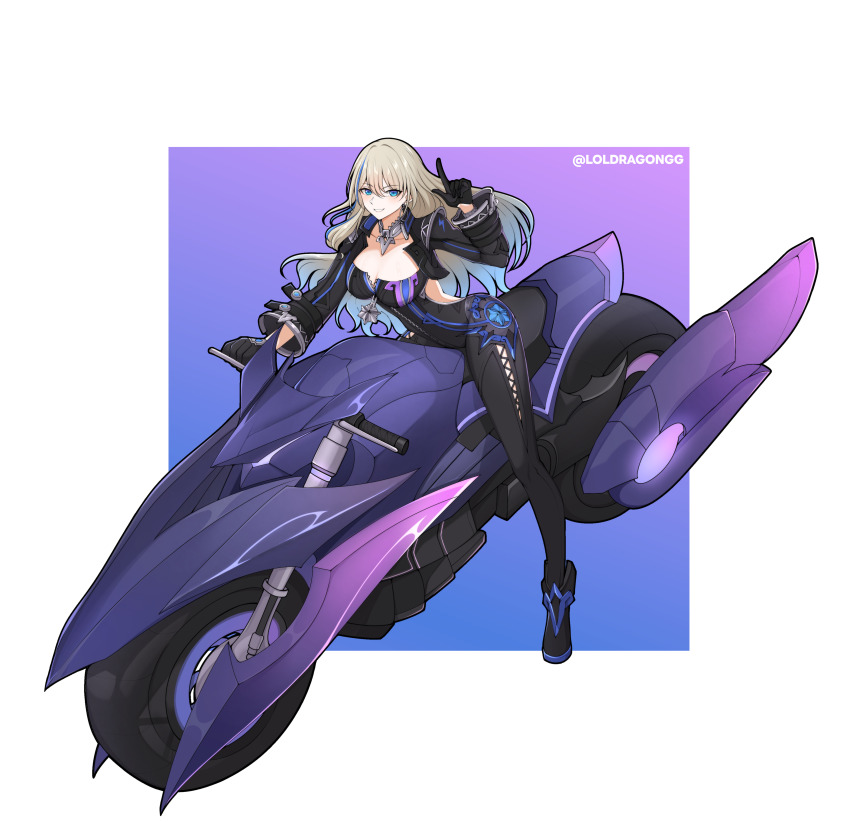 1girl absurdres arm_up biker_clothes bikesuit black_bodysuit black_gloves blonde_hair blue_eyes blue_streaks bodysuit border breasts centauri-d cleavage commentary commission cosplay earrings english_commentary flamestrider_(genshin_impact) full_body genshin_impact gloves gradient_background gradient_hair grin highres honkai:_star_rail honkai_(series) index_finger_raised jewelry large_breasts long_hair long_sleeves looking_at_viewer mavuika_(genshin_impact) mavuika_(genshin_impact)_(cosplay) mihoyo motor_vehicle motorcycle multicolored_hair on_motorcycle second-party_source serval_landau simple_background smile solo streaked_hair white_border