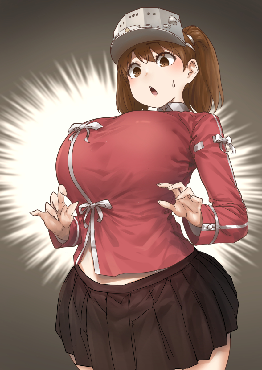 1girl alternate_breast_size black_skirt blush breasts brown_eyes brown_hair brown_skirt gradient_background grey_background heresy highres huge_breasts japanese_clothes kantai_collection long_sleeves looking_down medium_hair open_mouth pleated_skirt red_shirt revision role_reversal ryuujou_(kancolle) shirt signature simple_background skirt solo striped_clothes striped_skirt surprised sweat twintails uru_(uru0000) visor_cap