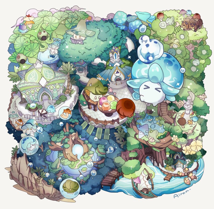 &gt;_&lt; ^_^ absurdres artist_name bird boat book bubble building bush chair closed_eyes commentary_request dock flower flower_wreath food fruit fungi_(genshin_impact) genshin_impact grounded_hydroshroom_(genshin_impact) head_wreath highres house in_bubble iran_stn lily_pad log middle_eastern_architecture mountain no_humans open_book palm_tree plant plant_roots pond railing reading sailboat simple_background sitting stairs statue statue_of_the_seven sumpter_beast_(genshin_impact) table tree water water_drop watercraft white_background yellow_flower