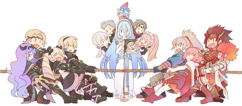 &gt;_&lt; 6+boys 6+girls armor azura_(fire_emblem) black_armor black_gloves blonde_hair blue_hair camilla_(fire_emblem) commentary_request female_corrin_(fire_emblem) drill_hair elise_(fire_emblem) felicia_(fire_emblem) fire_emblem fire_emblem_fates full_body gloves green_hair grey_hair hair_between_eyes high_ponytail hinoka_(fire_emblem) jakob_(fire_emblem) kaze_(fire_emblem) leo_(fire_emblem_fates) lilith_(fire_emblem) long_hair multiple_boys multiple_girls nintendo photo_(object) pink_hair ponytail purple_hair rusuban ryoma_(fire_emblem) silas_(fire_emblem) smile standing sweat takumi_(fire_emblem) tiara tug_of_war twin_drills twintails very_long_hair wavy_hair xander_(fire_emblem) |_|