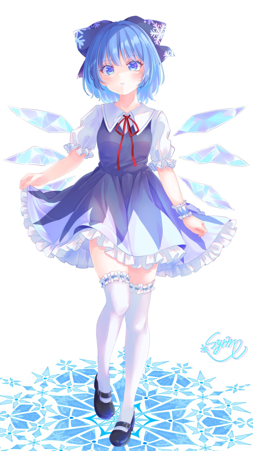 1girl black_shoes blue_bow blue_dress blue_hair bow cirno collared_shirt commentary_request detached_wings dress frilled_dress frilled_sleeves frilled_thigh_strap frills full_body hair_bow highres ice ice_wings looking_at_viewer mary_janes neck_ribbon parted_lips pinafore_dress print_bow puffy_short_sleeves puffy_sleeves red_ribbon ribbon shirt shoes short_dress short_hair short_sleeves sign skirt_hold sleeveless sleeveless_dress snowflake_print solo standing thigh_strap thighhighs touhou white_background white_shirt white_thighhighs wings yunagi_(arukumaruta)