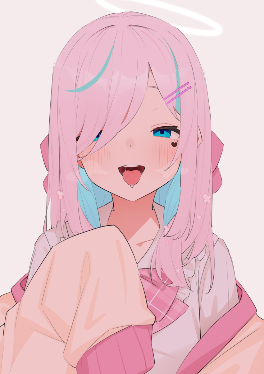 1girl aqua_eyes aqua_hair blush bow colored_inner_hair commentary hair_over_one_eye halo highres ilu_fluor indie_virtual_youtuber katahaba_keiji long_bangs looking_at_viewer medium_hair multicolored_hair open_mouth pink_bow pink_hair shirt solo tongue upper_body virtual_youtuber white_halo white_shirt