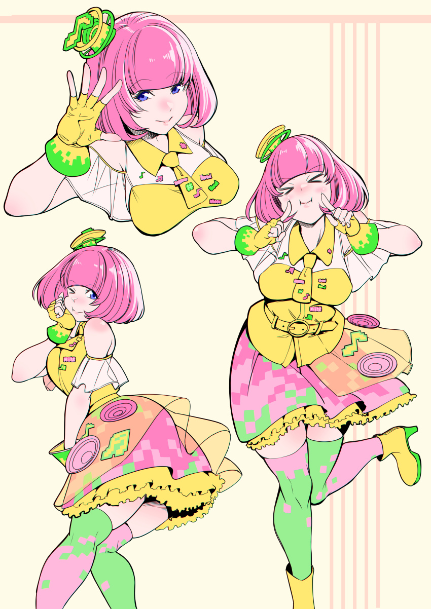 &gt;_&lt; &gt;_o 1girl absurdres ass blue_eyes commentary fingerless_gloves gloves hand_on_own_cheek hand_on_own_face high_heels highres kamen_rider kamen_rider_ex-aid_(series) lee_brocco leg_up light_smile multiple_views necktie one_eye_closed open_hand pink_hair poppi_pipopapo short_hair thighhighs yellow_background yellow_gloves zettai_ryouiki