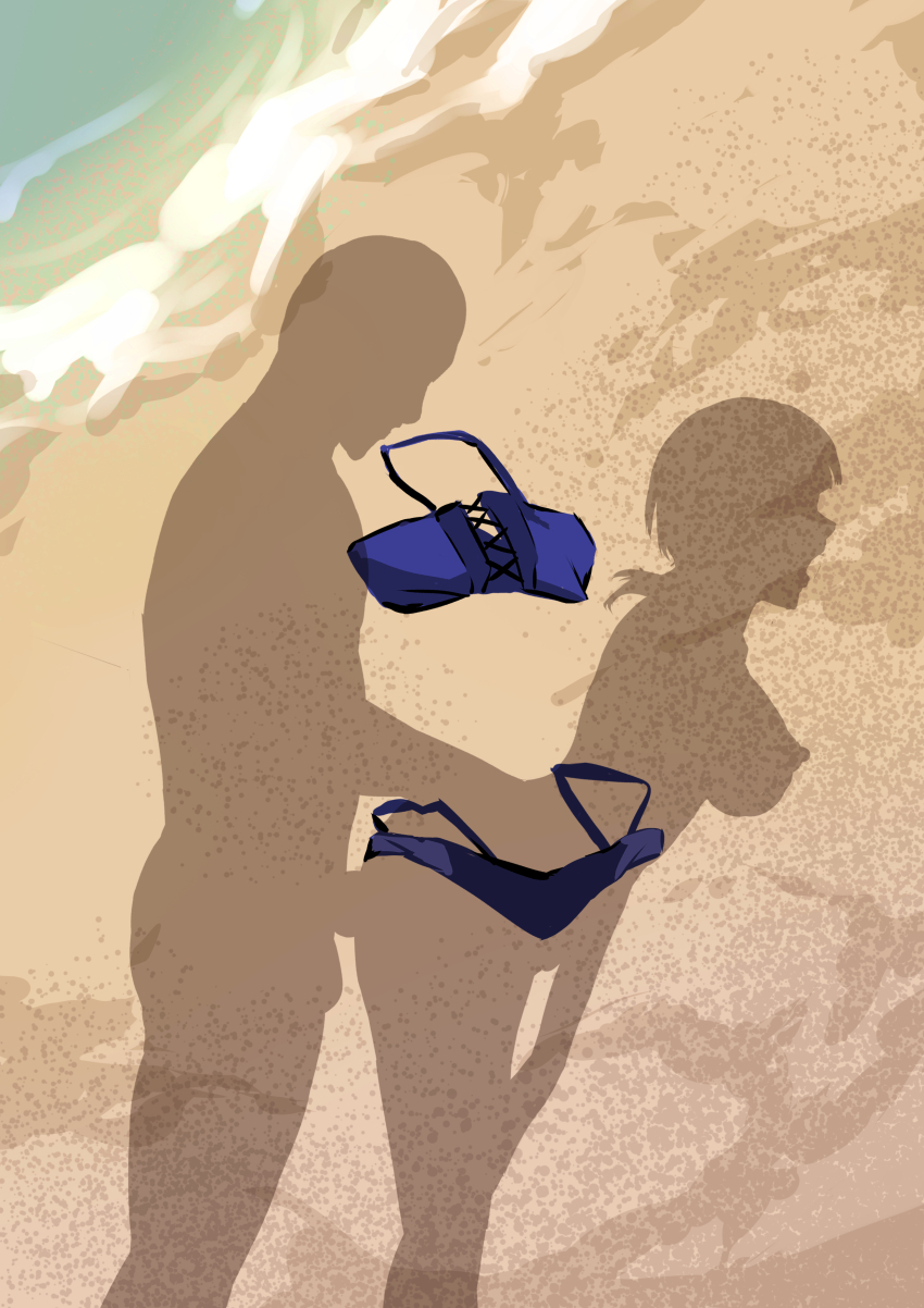 1boy 1girl absurdres asaka_karin beach box_wonderland breasts day dressed_shadow_(meme) hetero highres large_breasts love_live! love_live!_nijigasaki_high_school_idol_club meme open_mouth outdoors penis sand sex sex_from_behind standing standing_sex topless_female unworn_bikini_top water