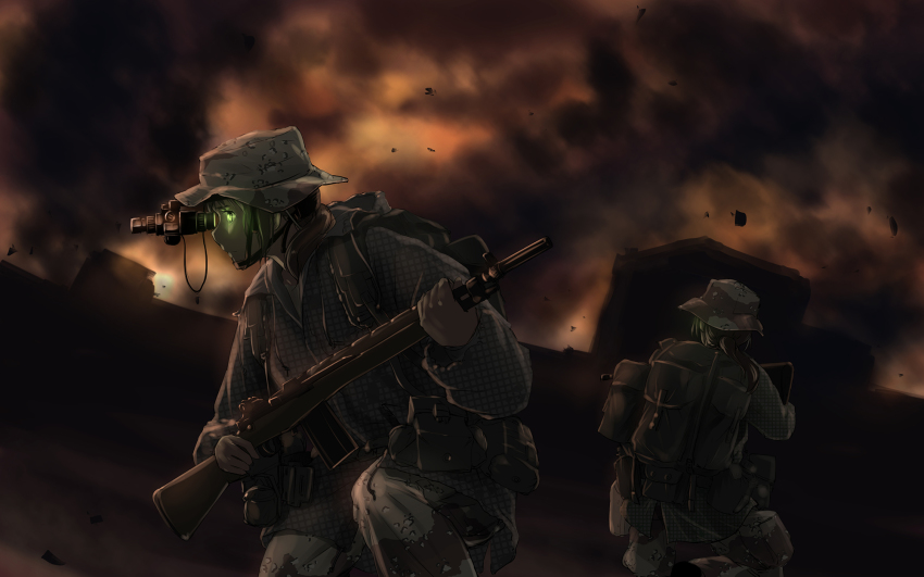 2girls ammunition_pouch assault_rifle backpack bag battle_rifle blonde_hair boonie_hat brown_hair building camouflage canteen city commentary dark desert_camouflage fire gulf_war gun hat highres kneeling load_bearing_equipment long_hair m14 m16 military military_uniform multiple_girls night night-vision_device original ponytail pouch profile rifle serious smoke soldier tanto_(tc1995) war weapon