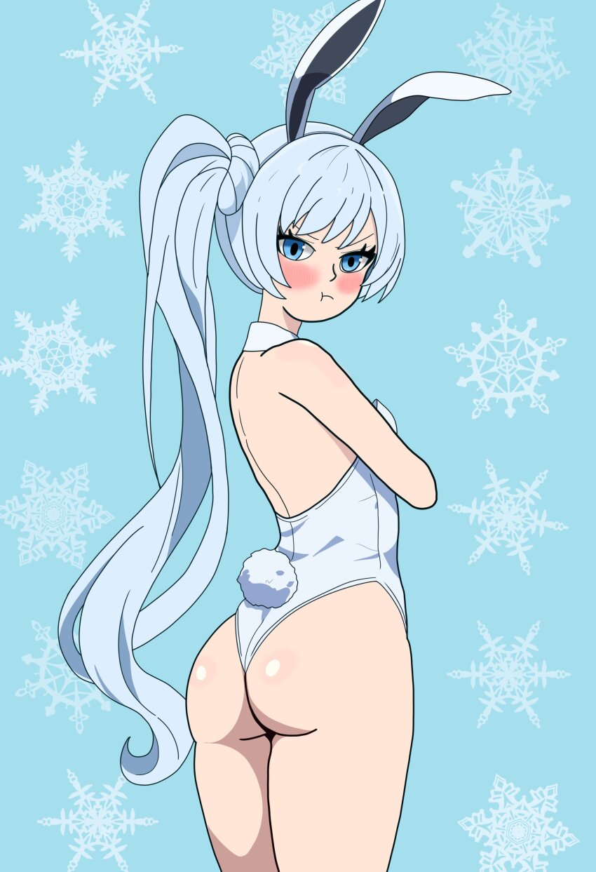 1girl :t absurdres alternate_costume animal_ears ass back backless_leotard bare_shoulders blue_background blue_eyes blush bojack198 fake_tail from_behind high_side_ponytail highres leotard long_hair looking_at_viewer looking_back no_scar playboy_bunny pout rabbit_ears rabbit_tail rwby snowflake_background solo tail very_long_hair weiss_schnee white_hair white_leotard