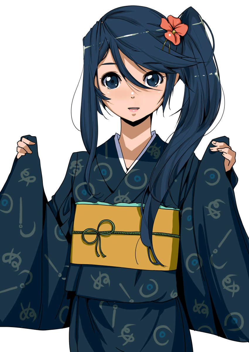 1girl absurdres asymmetrical_hair blue_eyes blue_hair chiisan female_focus flower hair_between_eyes hair_flower hair_ornament hataraku_maou-sama! highres japanese_clothes kamazuki_suzuno kimono long_hair long_sleeves looking_at_viewer matching_hair/eyes parted_lips side_ponytail simple_background sleeves_past_wrists solo swept_bangs upper_body white_background wide_sleeves