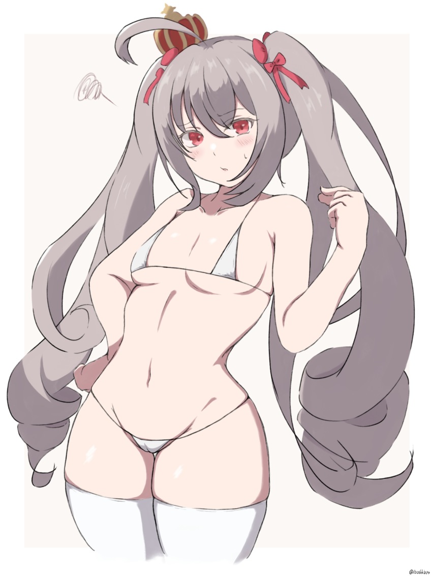1006kbps 1girl absurdres ahoge alternate_costume azur_lane bikini breasts cameltoe cowboy_shot crown drill_hair grey_hair hair_ribbon highres looking_at_viewer micro_bikini red_eyes red_ribbon ribbon small_breasts solo string_bikini swimsuit thighhighs thong_bikini twin_drills twintails two-tone_background valiant_(azur_lane) white_background white_bikini white_thighhighs