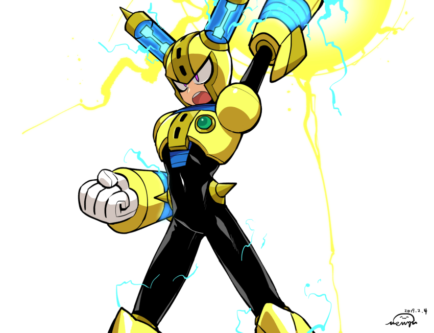1boy android arm_up armor black_bodysuit bodysuit breastplate powering_up powering_up clenched_hand commentary_request covered_navel electricity feet_out_of_frame fuse fuse_man gloves helmet joints male_focus mega_man_(classic) mega_man_(series) mega_man_11 open_mouth purple_eyes robot robot_joints shoulder_armor simple_background solo solo_focus standing teeth upper_teeth_only vambraces wenyu white_background white_gloves yellow_armor yellow_headwear