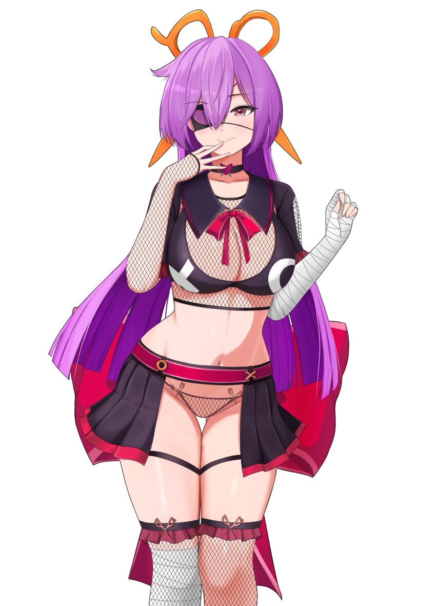 1girl absurdres arm_wrap back_bow belt black_bra black_choker black_sailor_collar black_skirt bow bra breasts choker closed_mouth commission dzulfiqar023 eyepatch fishnet_panties fishnet_sleeves fishnet_thighhighs fishnets highres linea_alba long_hair mercy_modiste miniskirt pink_belt pink_bow pink_eyes purple_hair sailor_collar scissors_hair_ornament skirt smile solo stomach thigh_gap thighhighs underwear vallure virtual_youtuber