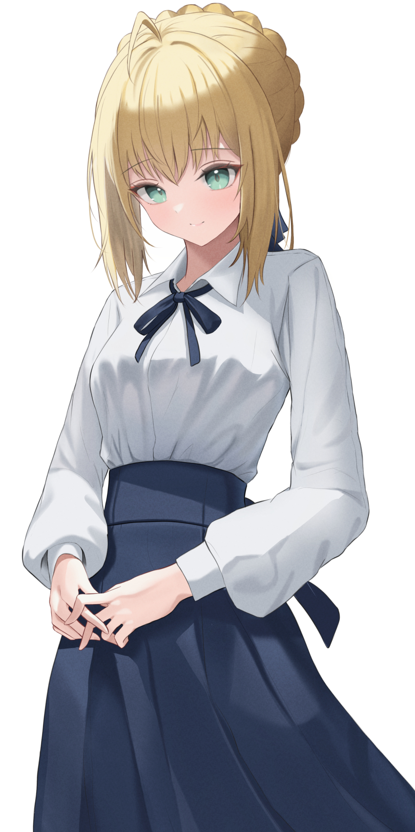 1girl absurdres ahoge artoria_pendragon_(fate) black_ribbon blonde_hair blouse blue_ribbon blue_skirt braid braided_bun closed_mouth collared_shirt dress_shirt fate/stay_night fate_(series) green_eyes hair_between_eyes hair_bun hair_ribbon high-waist_skirt highres long_skirt long_sleeves looking_down neck_ribbon pleated_skirt ribbon saber_(fate) shirt short_hair_with_long_locks simple_background skirt smile solo standing ttusee5 white_background white_shirt wing_collar